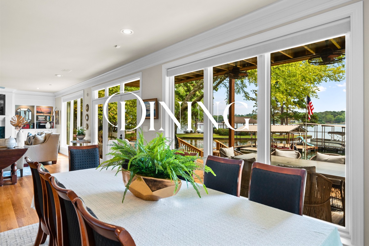 Share meals with a view &mdash; the dining room seats a crowd and opens up to the outdoors.