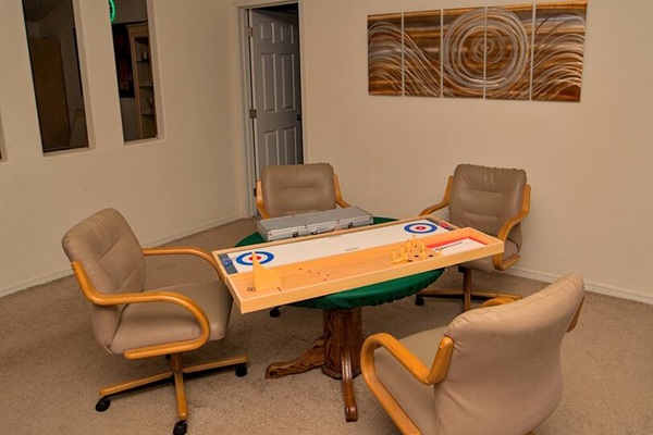 Poker table and chairs with complete Poker chip sets, Shuffleboard cum Curling 2-in-1 Board Games and Bowling Game Set .