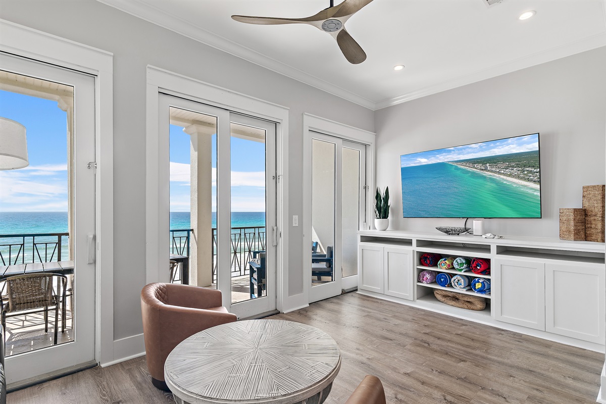 Frangista Sunset's Living Room with all NEW Leather Furniture, Incredible Gulf Views, and a 65” Smart TV - watch the big game with a view!