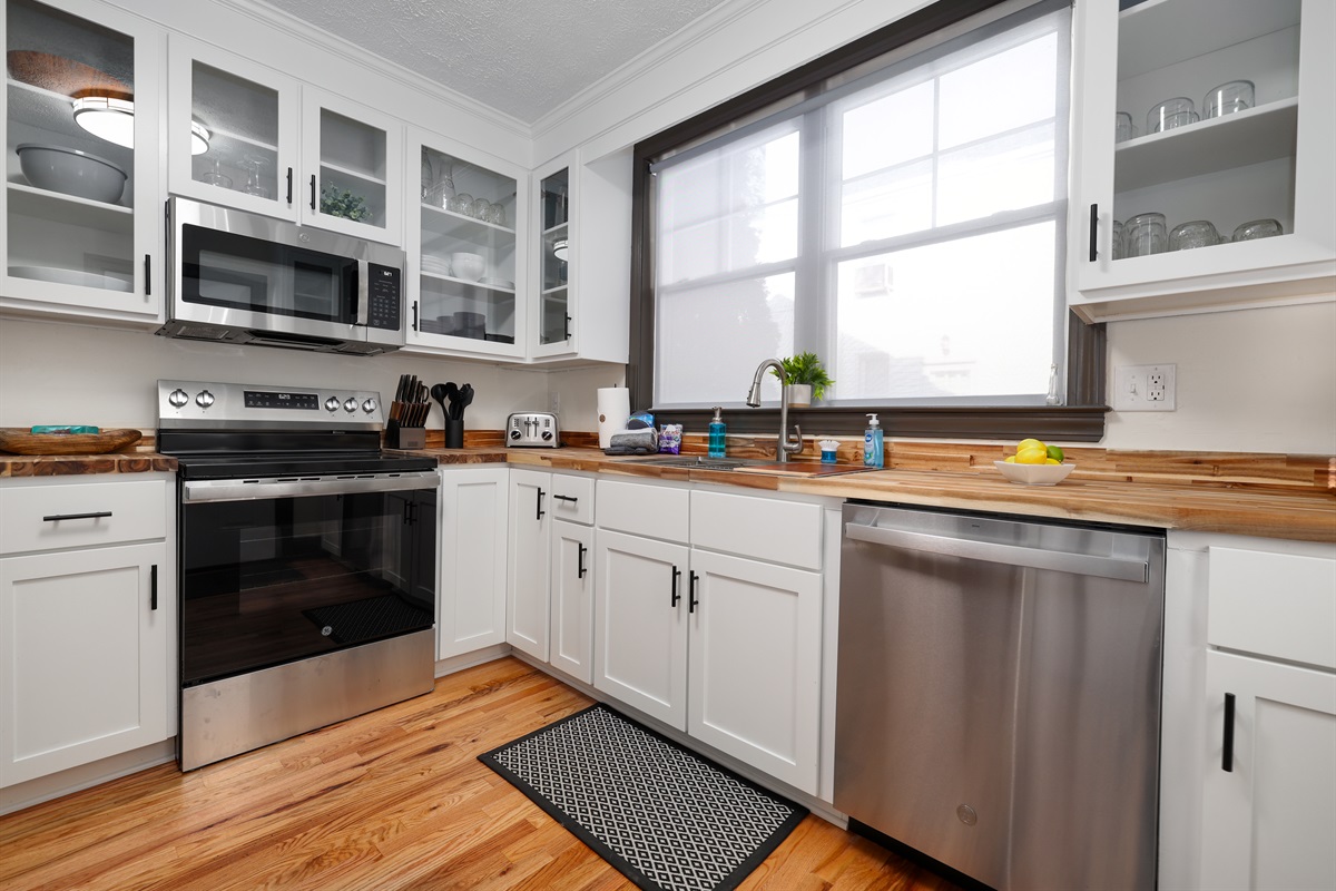 Full Kitchen, all new stainless steel appliances, butcher block counters