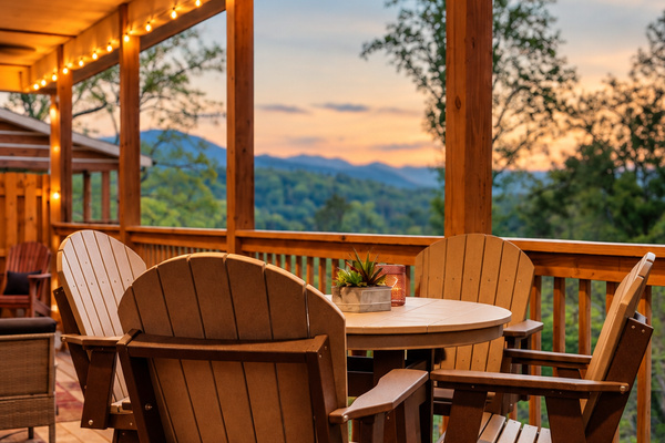 Share dinner at the high-top table as the peaks fade to blue at dusk.