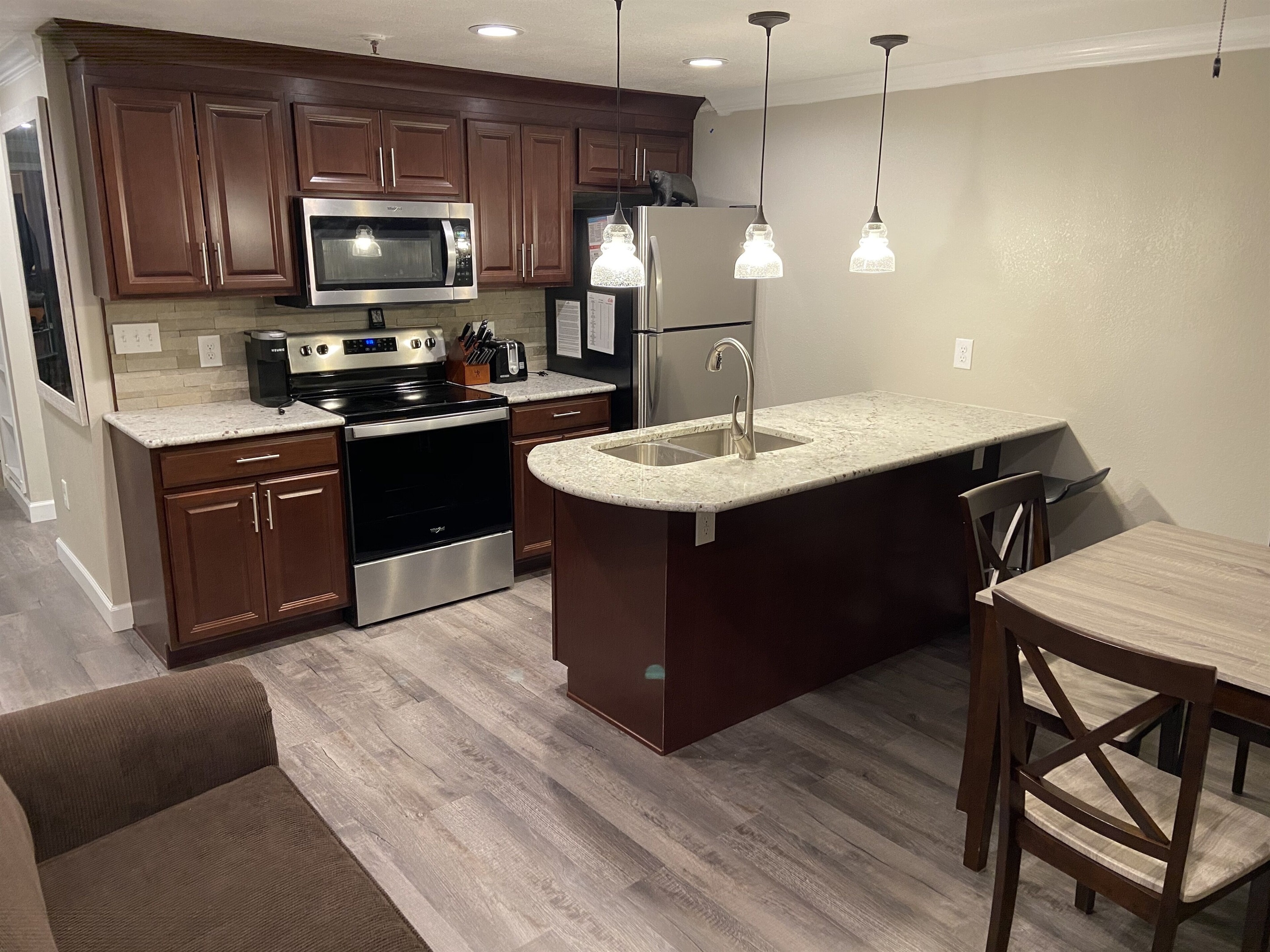 Our full kitchen is well stocked with all you need for cooking in. 