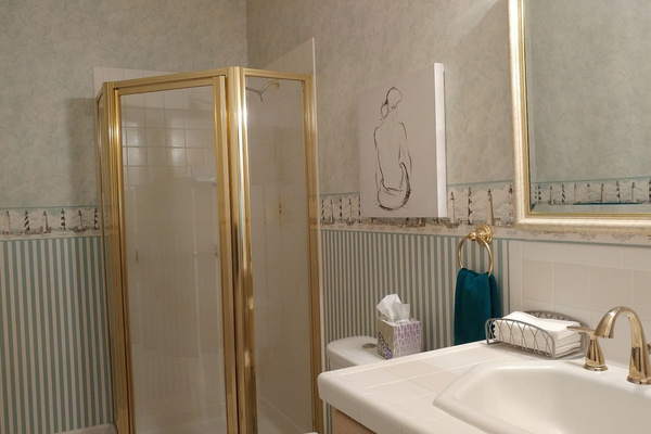 Main level bathroom with shower.
