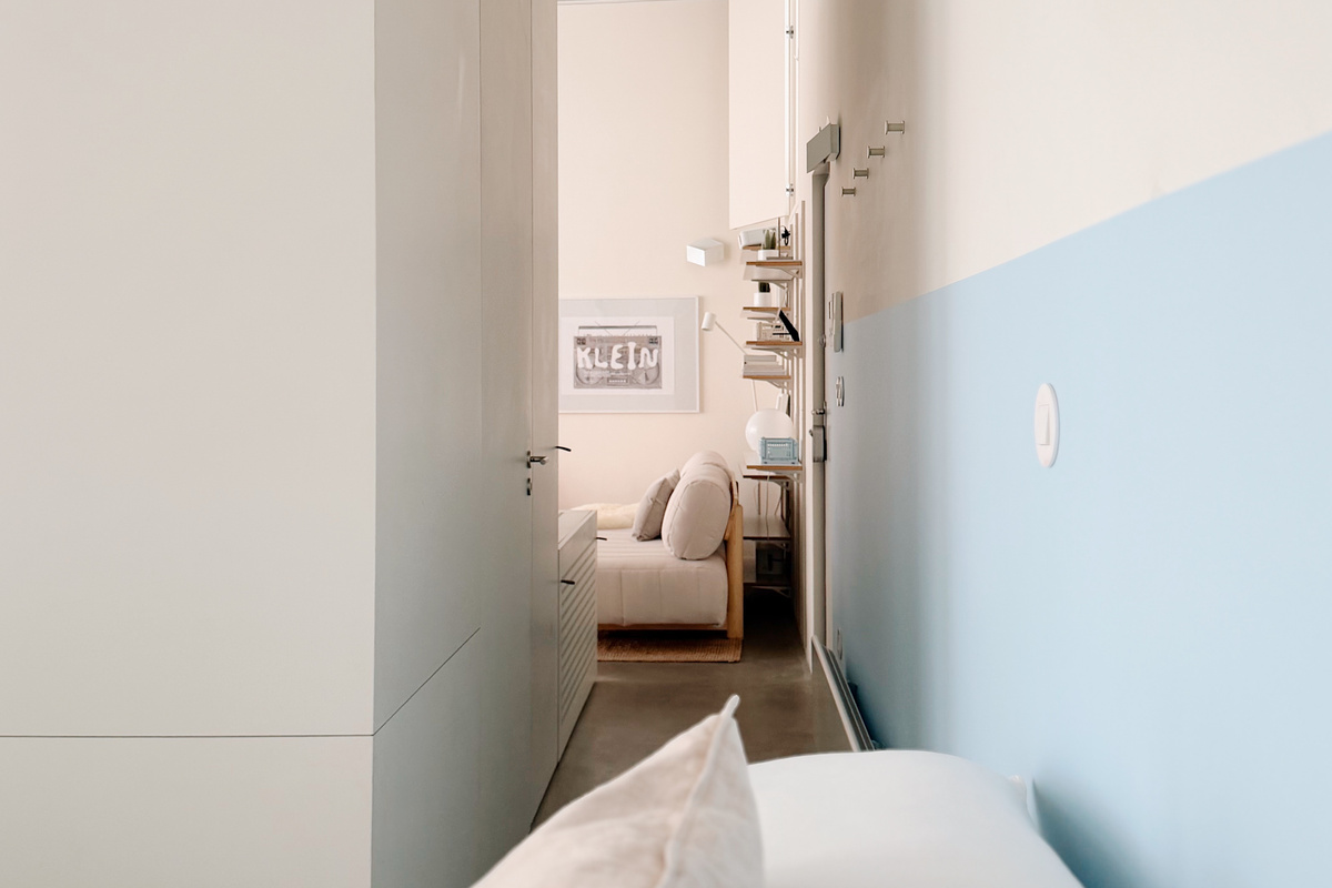 View between living room and bedroom. Bathroom door can be left open at night for additional privacy.