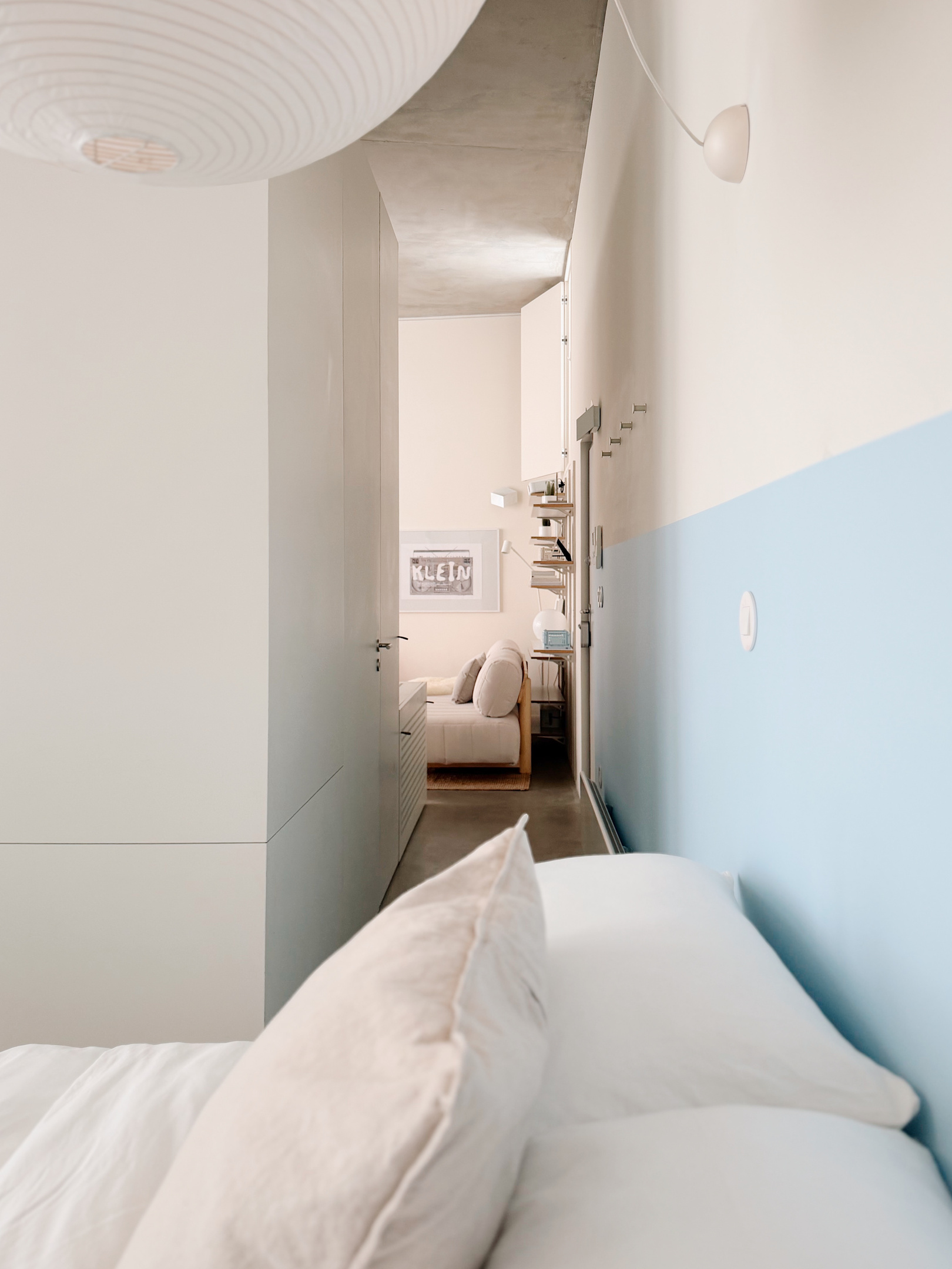 View between living room and bedroom. Bathroom door can be left open at night for additional privacy.