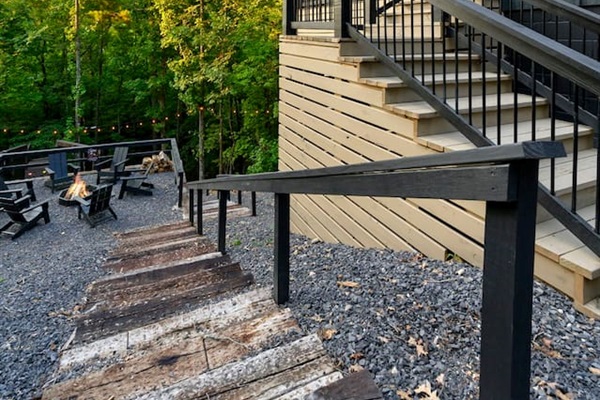 Stairs from the lower deck will take you directly to the firepit and play toy.