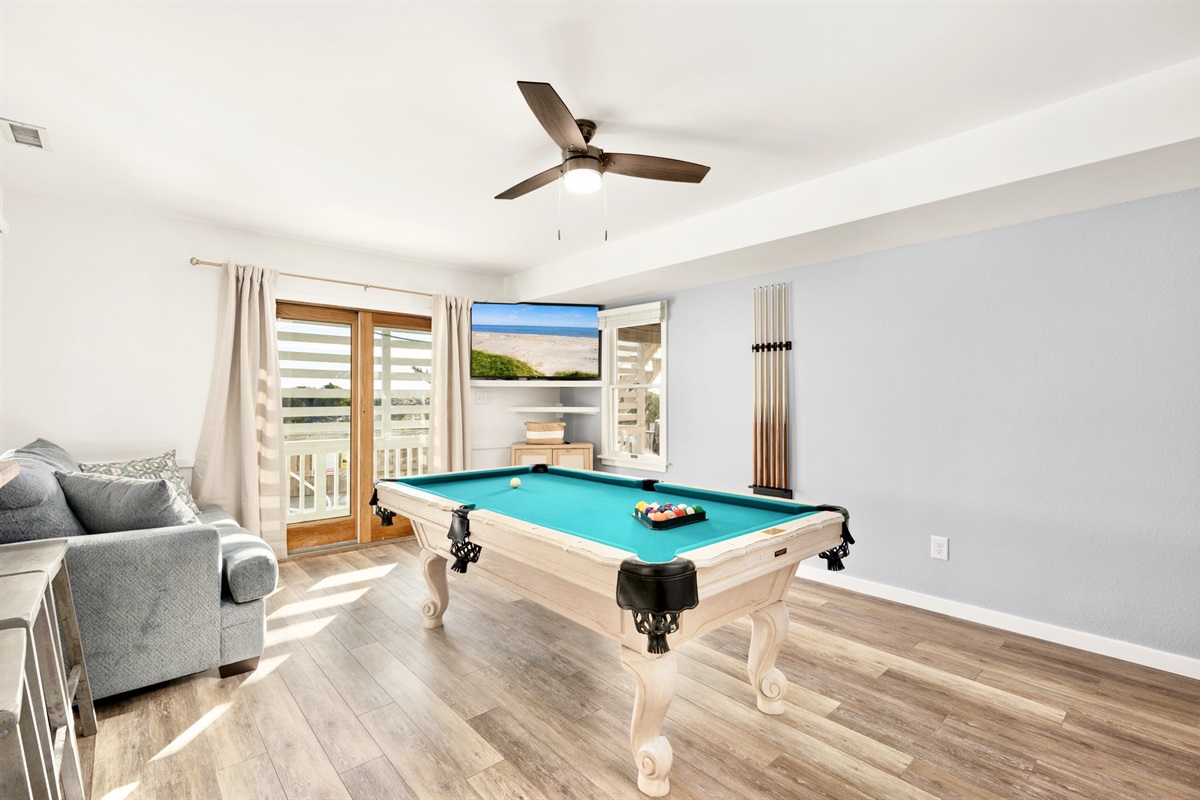 Game room, lower level, pool table, large smart TV, wet bar, full refrigerator, games