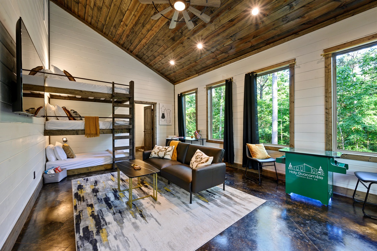 Spacious room with bunk beds and sleeper sofa