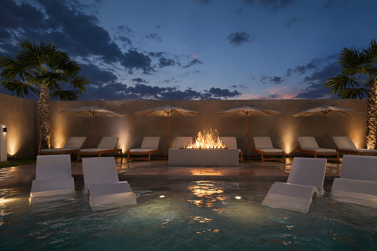 Pool loungers, Tanning Ledge and umbrellas | Rendering