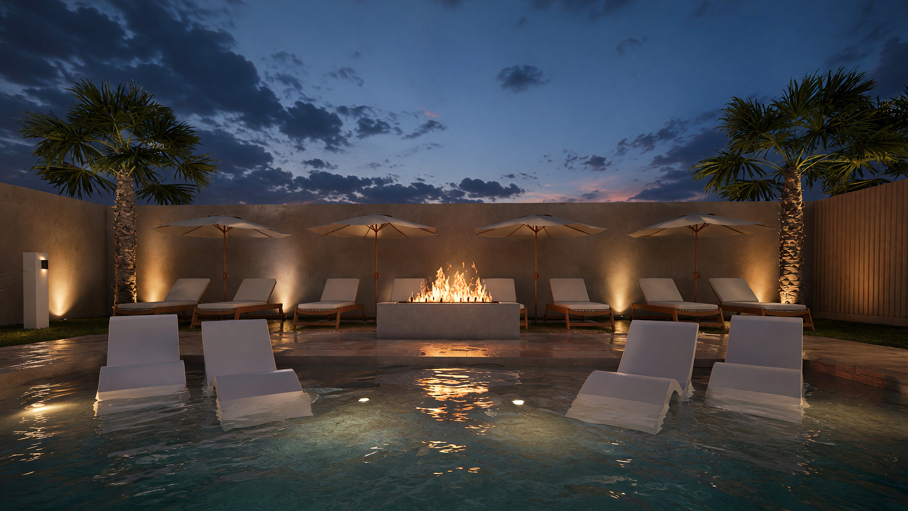 Pool loungers, Tanning Ledge and umbrellas | Rendering