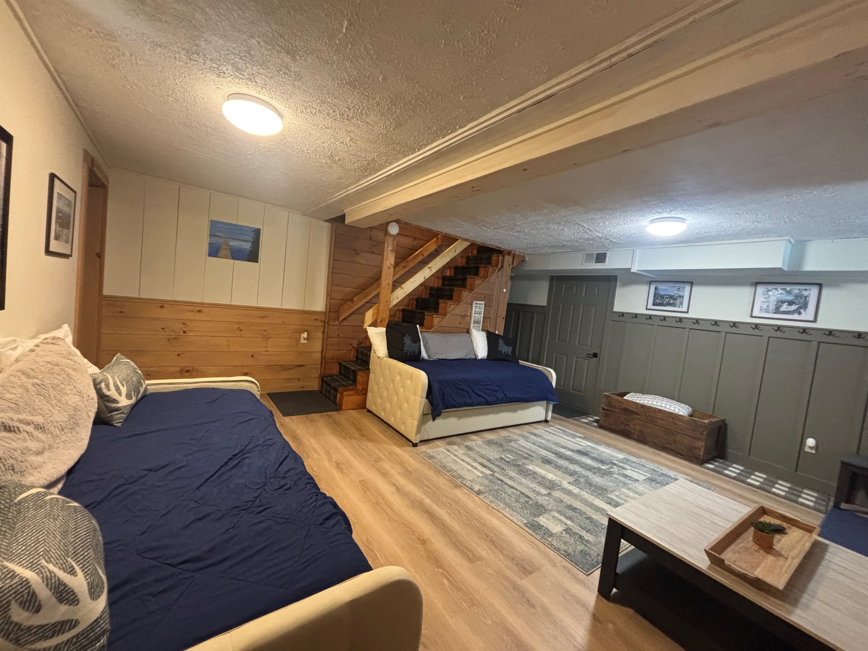 Lower level sitting area with day beds and trundles