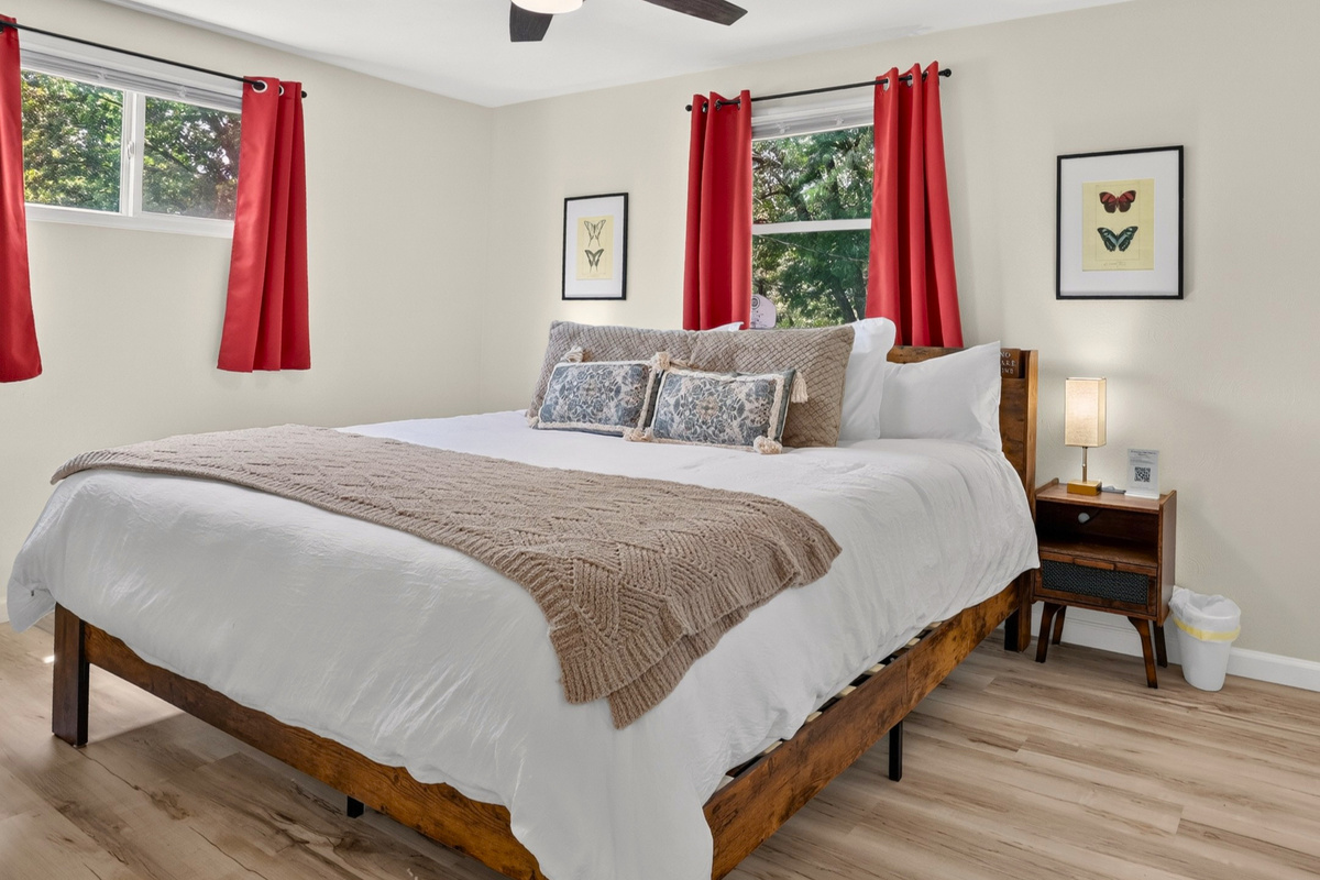 Designed for restful nights with a king bed, blackout curtains, Smart TV, and thoughtful amenities.