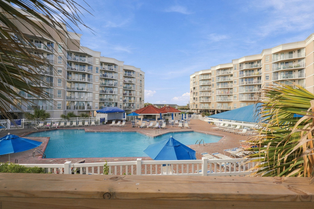 Relax by the resort pool, surrounded by palm trees and comfortable loungers.