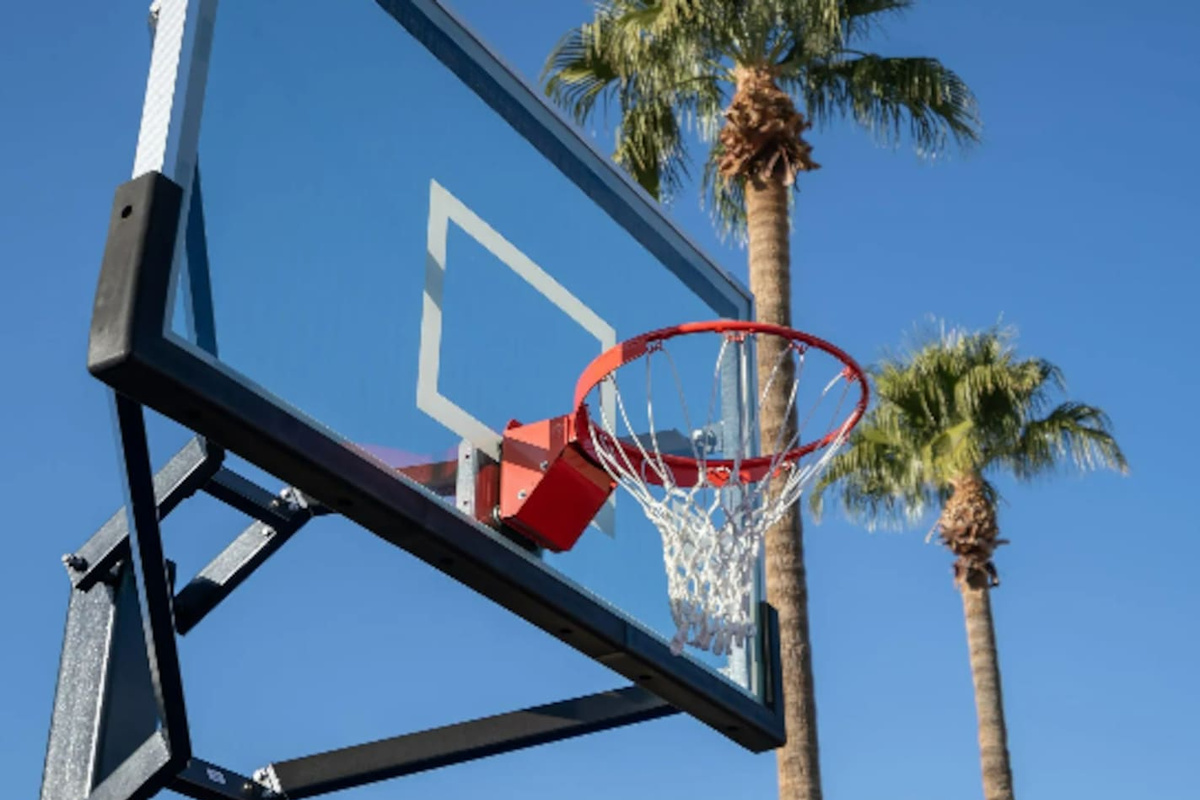 A regulation hoop framed by palm trees adds a little friendly competition to any backyard hangout.