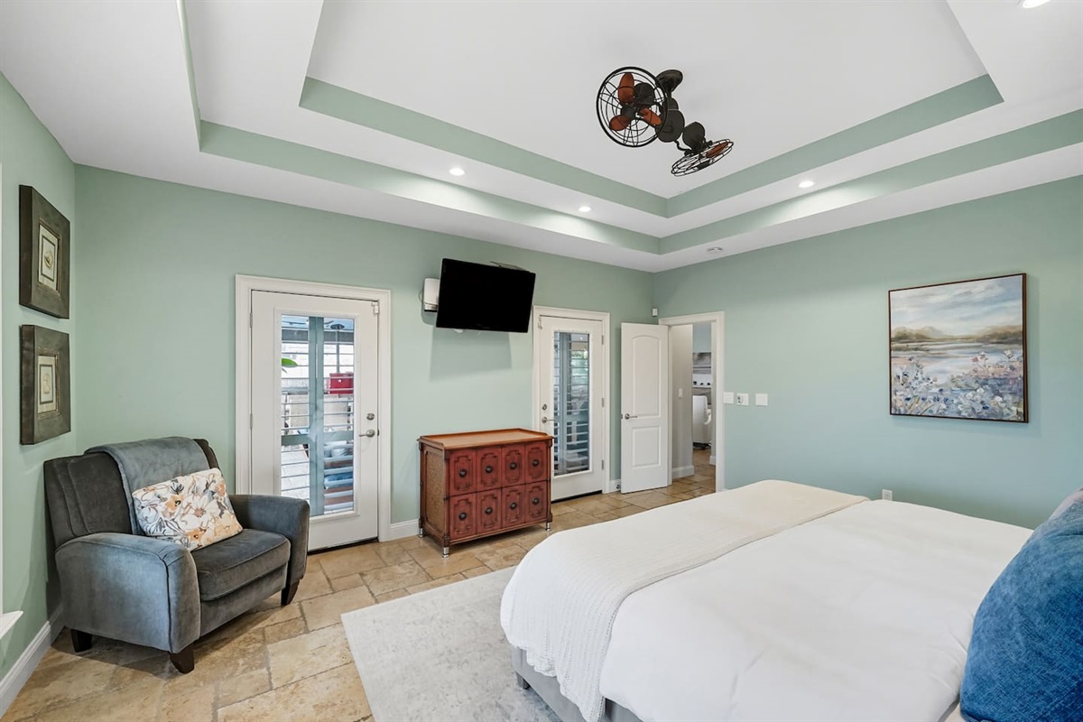master bedroom with pool view