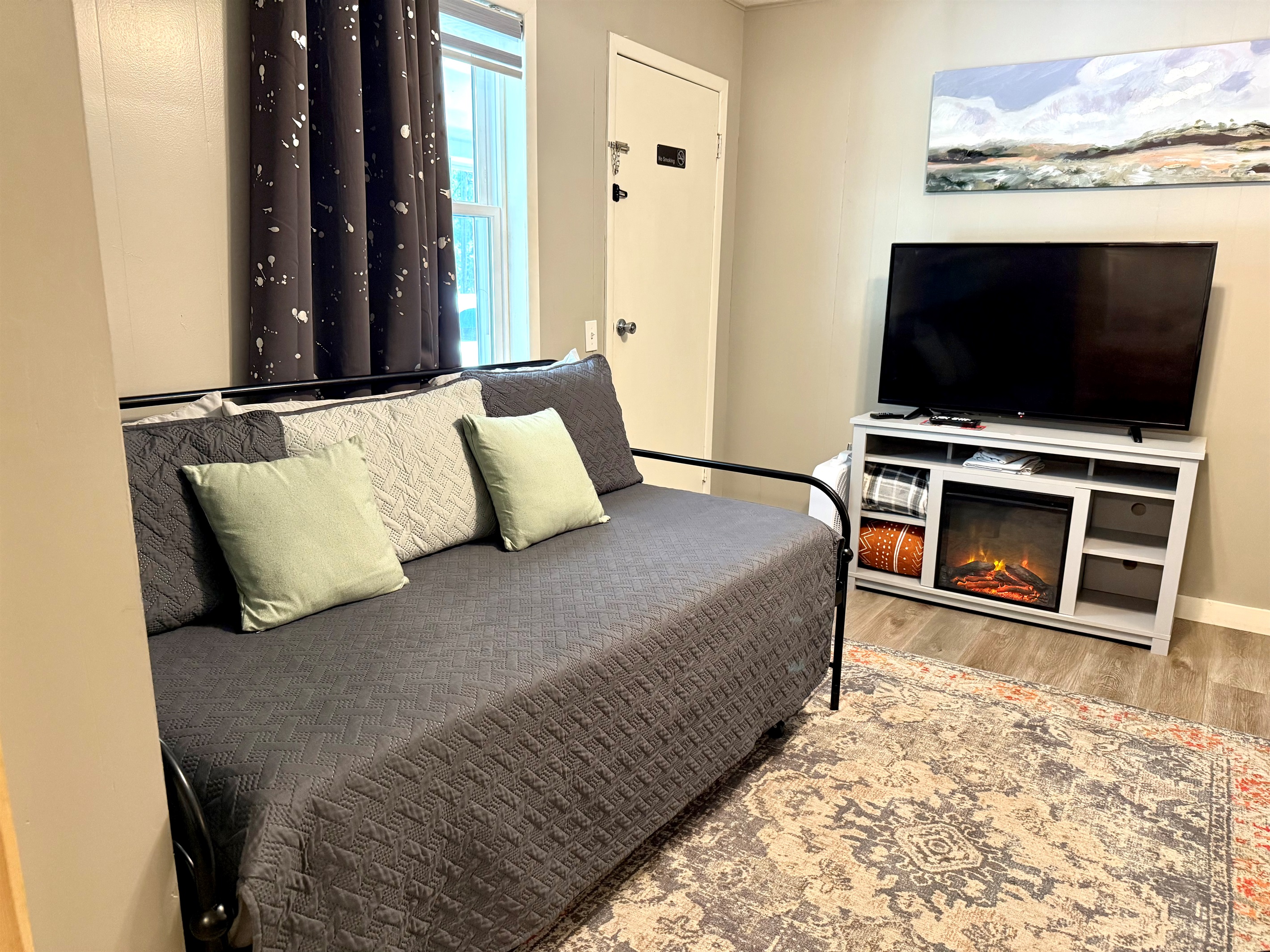 Electric fireplace for ambiance.