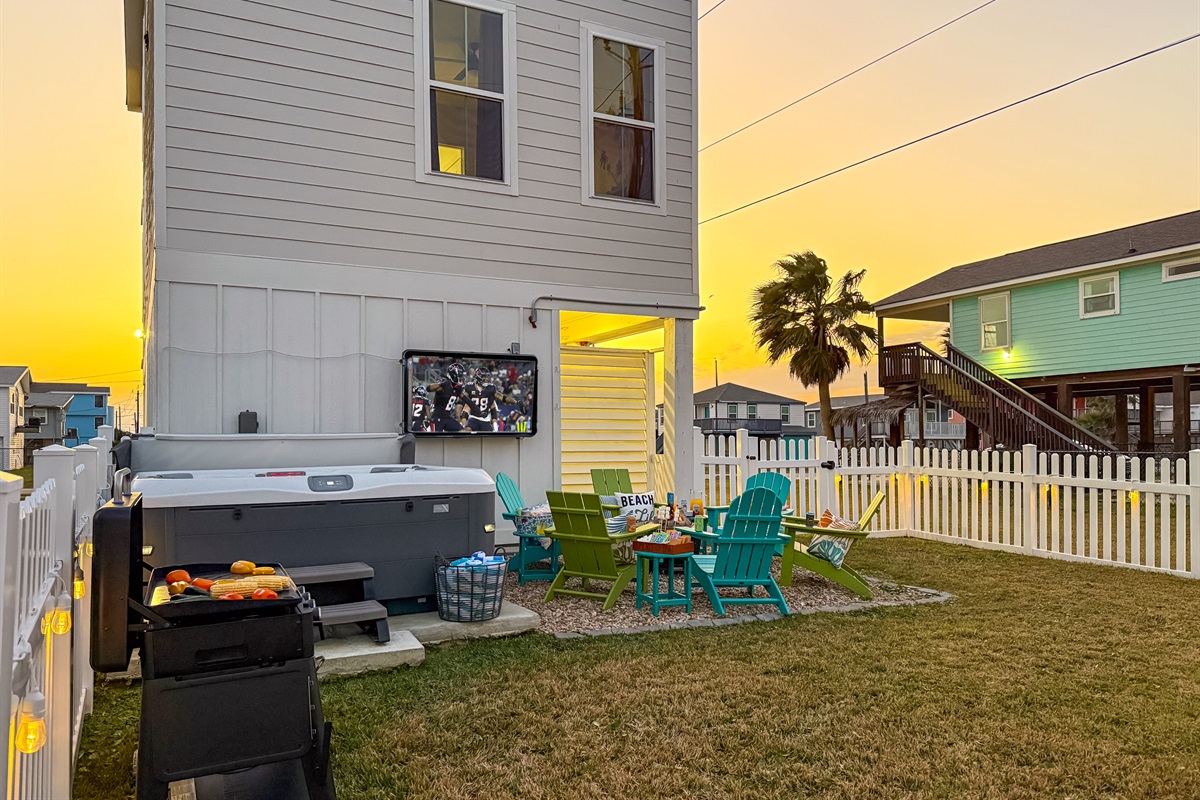The backyard really comes to life at sunset.