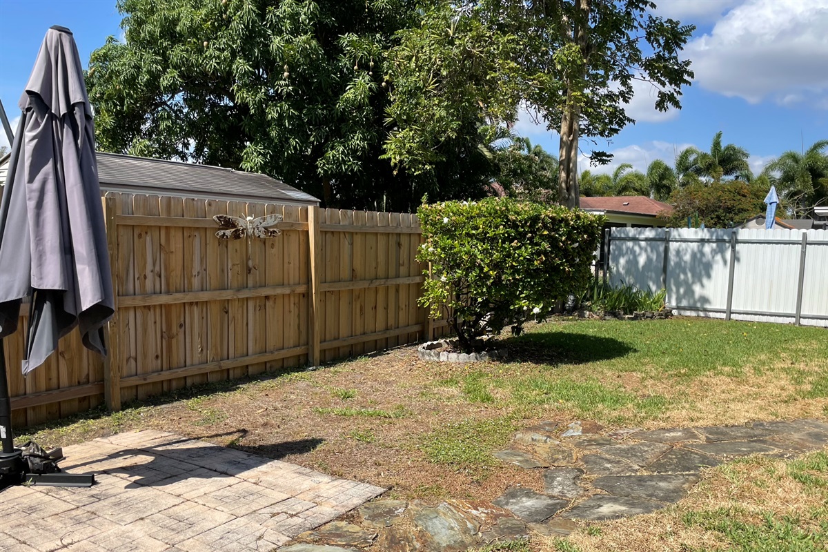 The backyard features a lovely bloom and lots of sunshine.