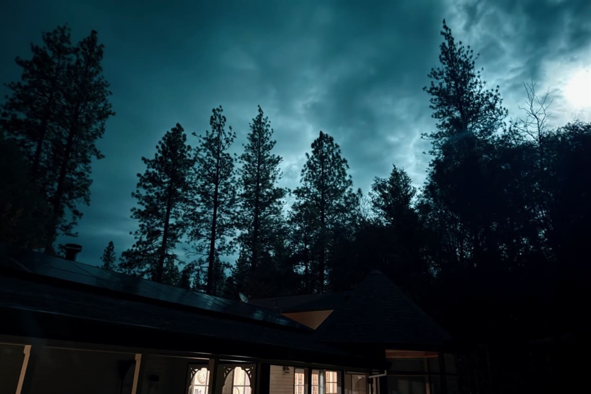 Cabin at night with tall trees, glowing windows, and a quiet wooded setting.
