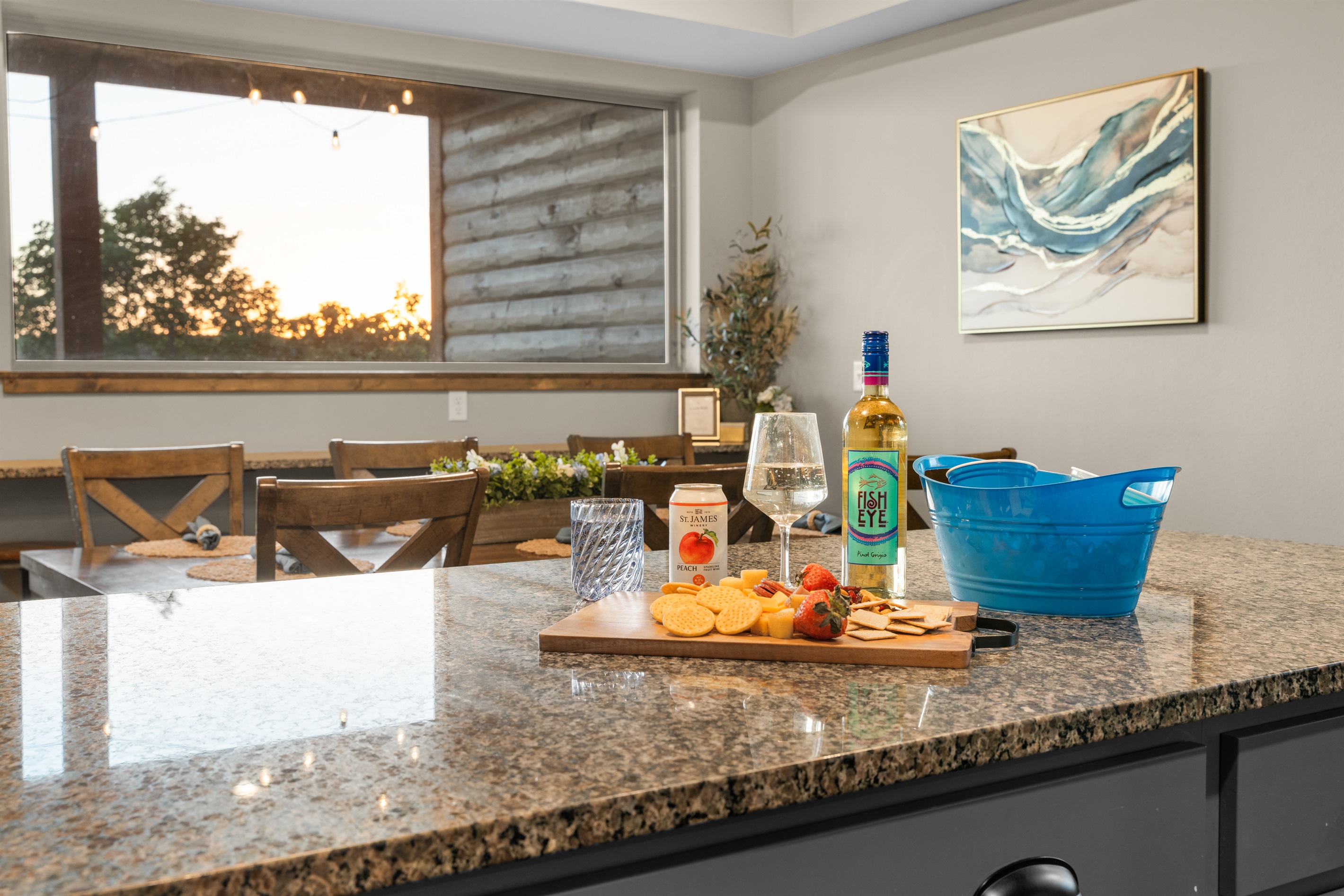 Granite counters with plenty of prep space for happy hour spreads.