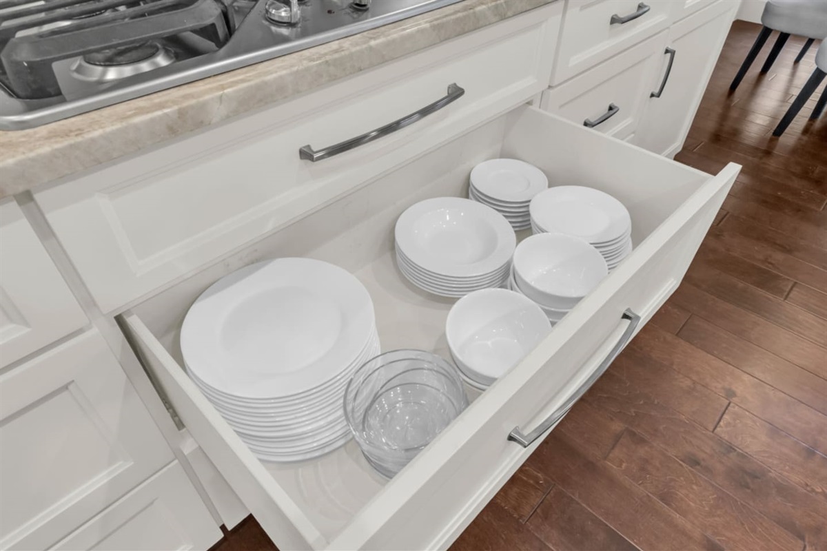 Fully stocked dishware, providing everything needed for everyday meals and group dining.