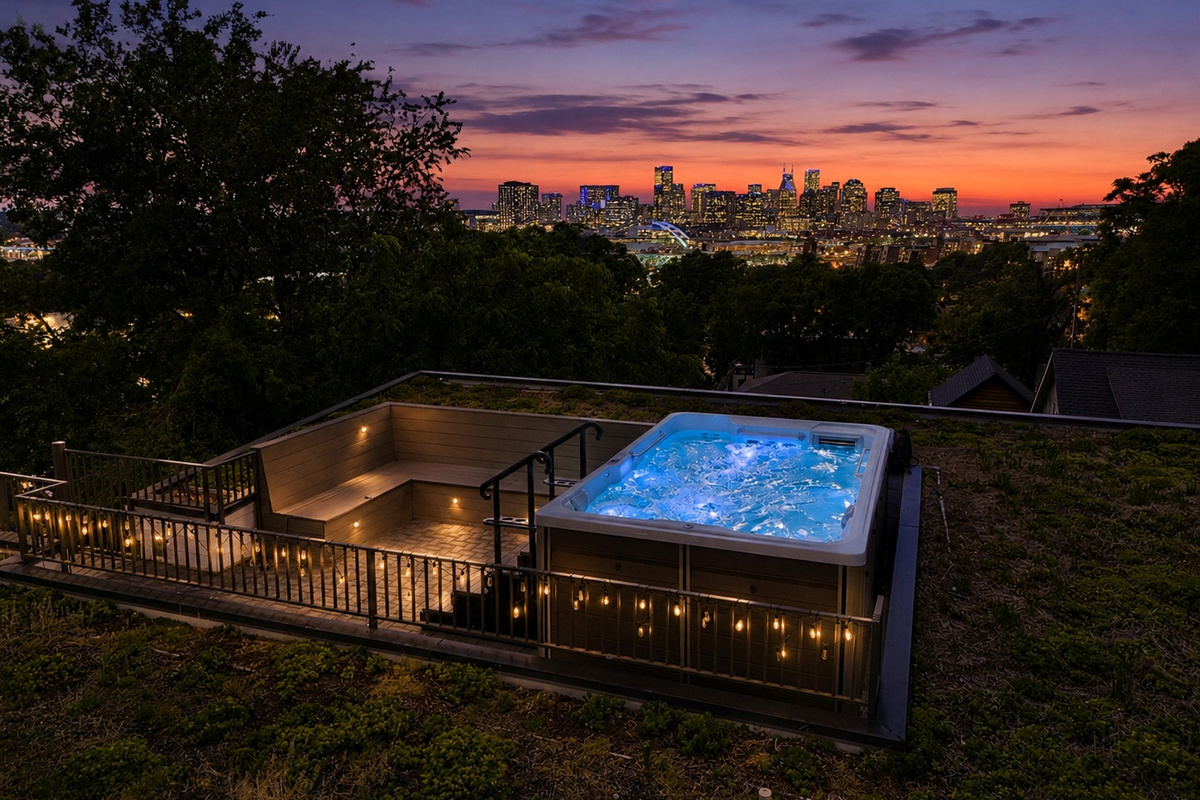 Enjoy amazing sunsets on the living rooftop while relaxing in the swim spa