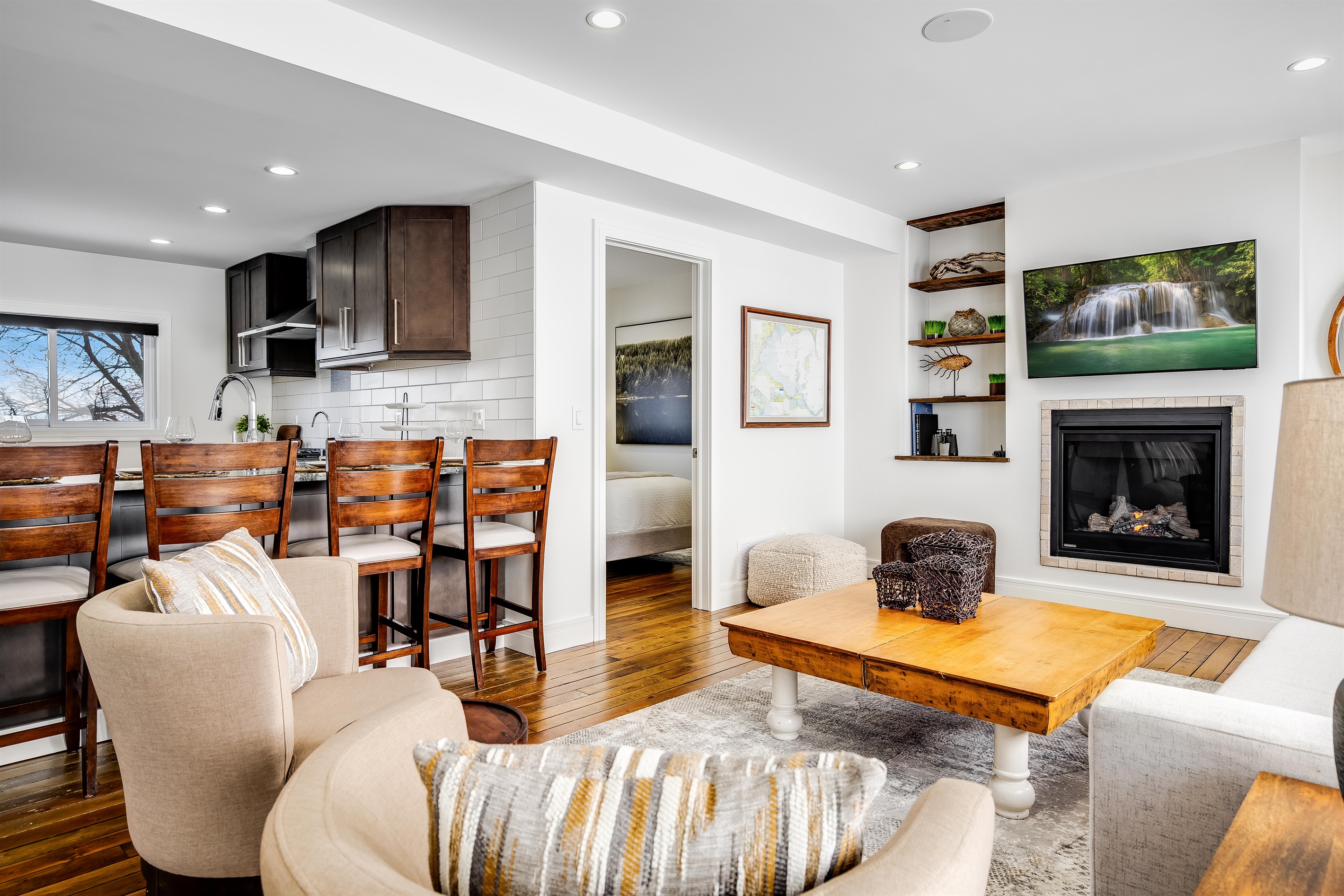 A modern space warmed by organic elements.