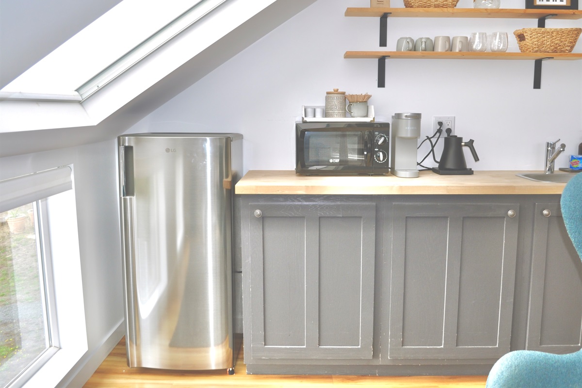 kitchenette with microwave and apartment-sized refrigerator/freezer.