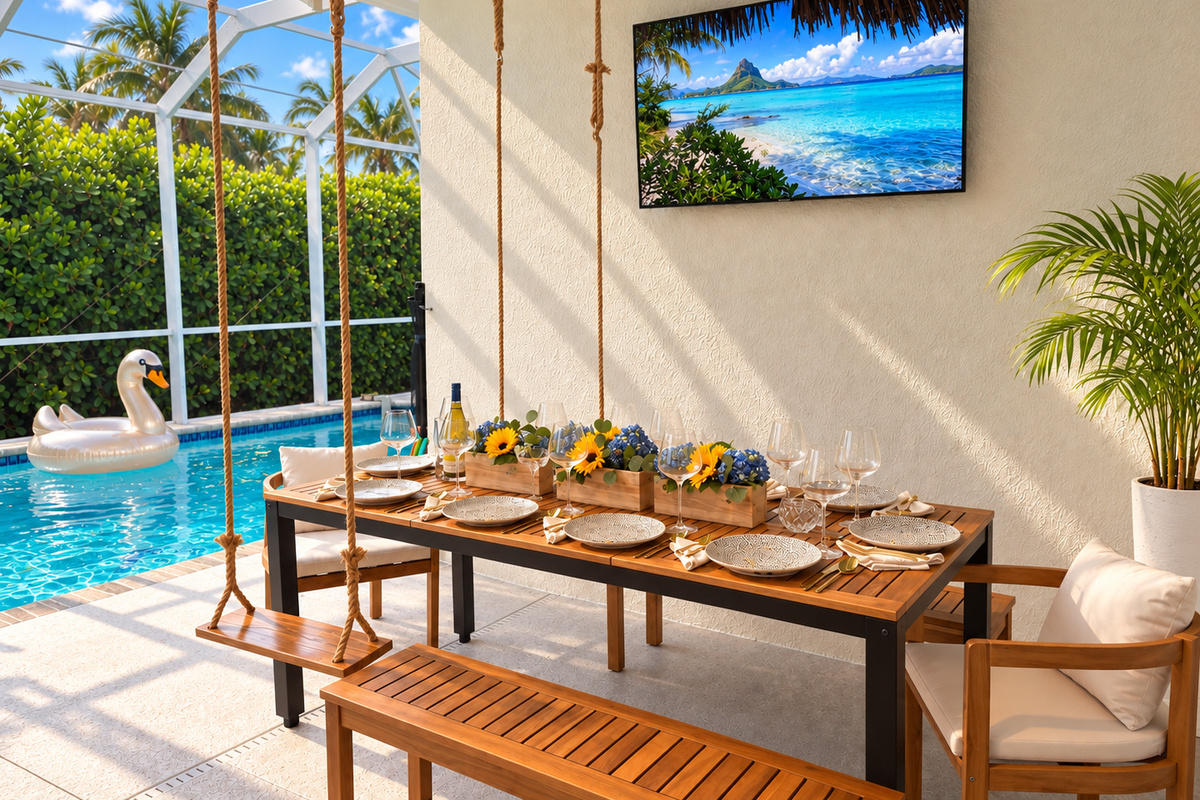 Resort-style dining, right at home. Gather the whole group together for poolside meals on the fully enclosed lanai. With comfortable seating for up to 10, it's the perfect spot for sun-kissed breakfasts or breezy evening dinners in complete comfort.