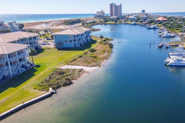 Aerial view of our waterfront neighborhood with waterfront access