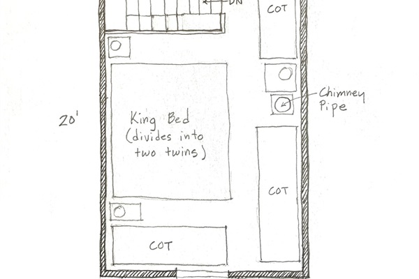 Floor Plan - upstairs.
Note that the king size bed can easily be configured as two twin size beds.