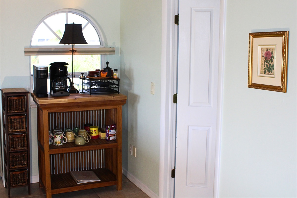 A coffee bar with a Keurig and drip coffee maker