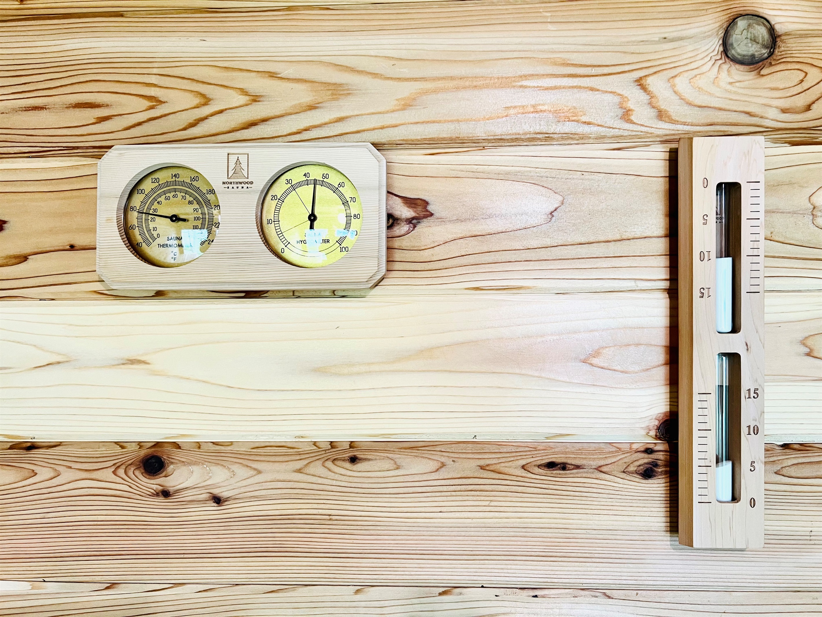 We have a thermometer, hygrometer, and an hour glass timer inside the sauna!