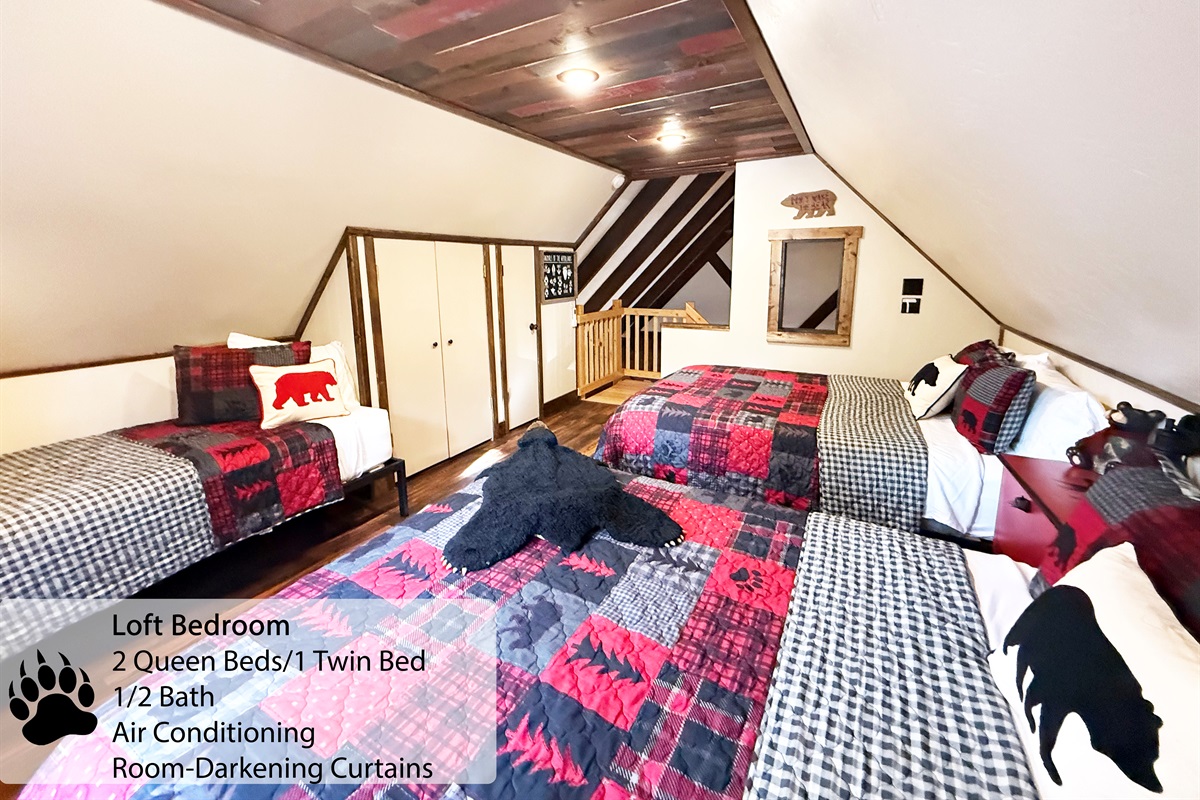 Spacious sleeping loft | 2 queen beds, 1 twin bed, air conditioning, electronics chargers, room-darkening curtains, closet, 1/2 bath. Accessible by stairs, not ladder.