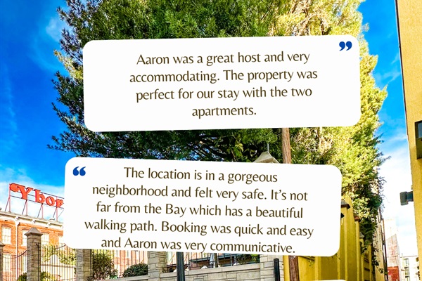 Guest Reviews: Rave reviews highlight a safe, vibrant neighborhood near the Bay and top attractions!