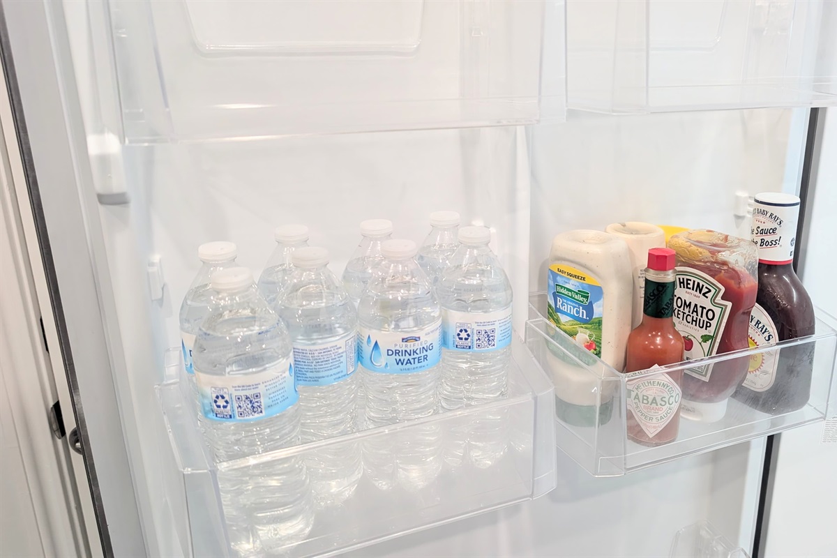 Bottled water and condiments provided.