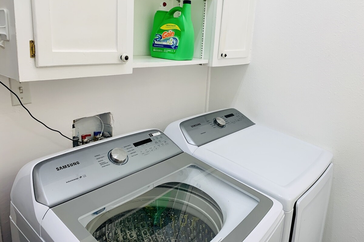 We provide a washer and dryer as well as detergent.