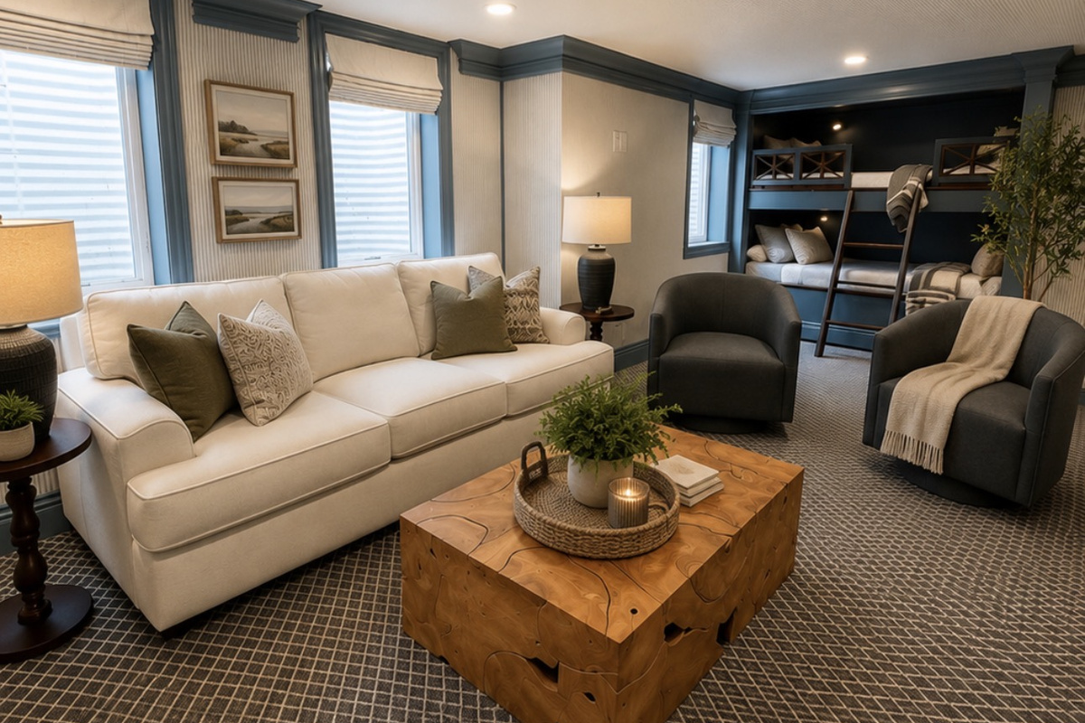 Part of the basement bunk room, this comfortable lounge area offers extra space to relax, watch TV, or gather with friends and family. The queen sleeper sofa provides additional sleeping accommodations, making it ideal for larger groups and extended stays.