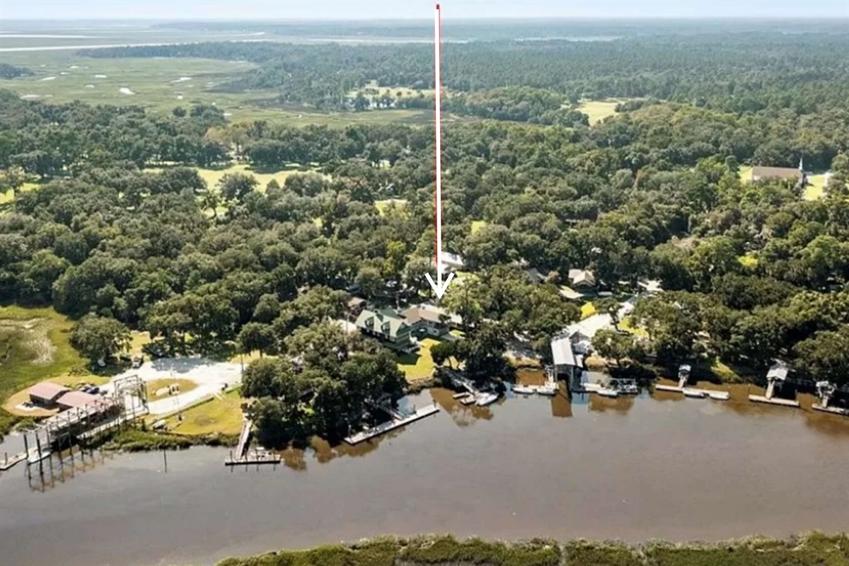 Aerial view showing our distance from the Broro River. Arrow pointing to the Cottage.