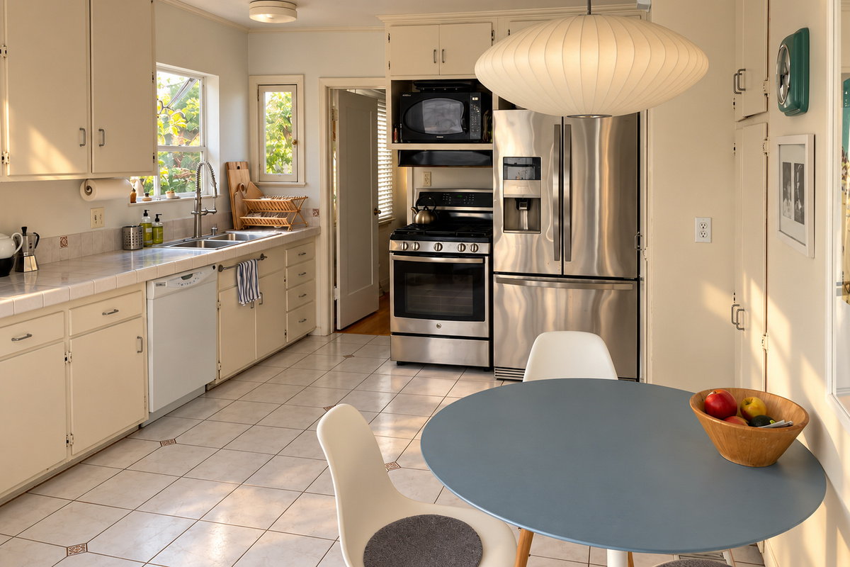 Kitchen with breakfast table and stainless steel appliances.