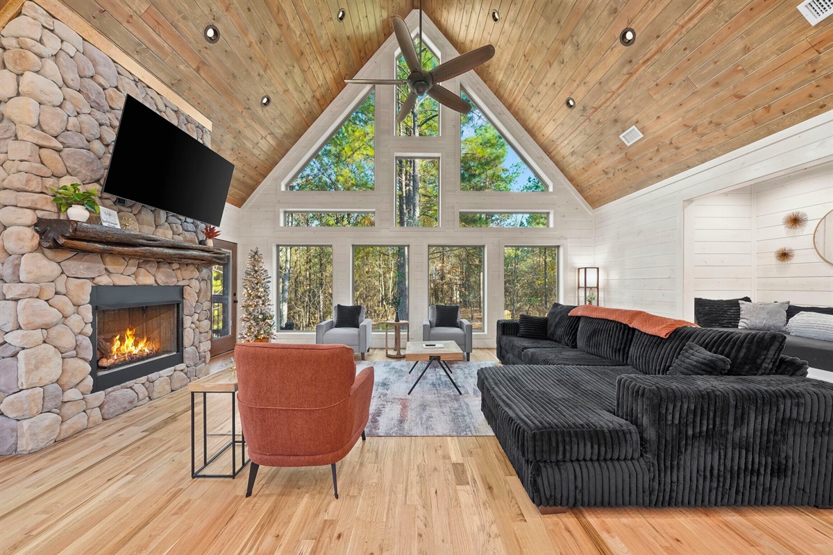 Lounge space with TV, fireplace, and plush seating.