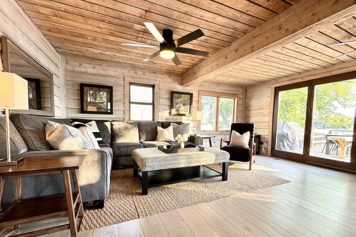 Comfortable living room with gorgeous lake views