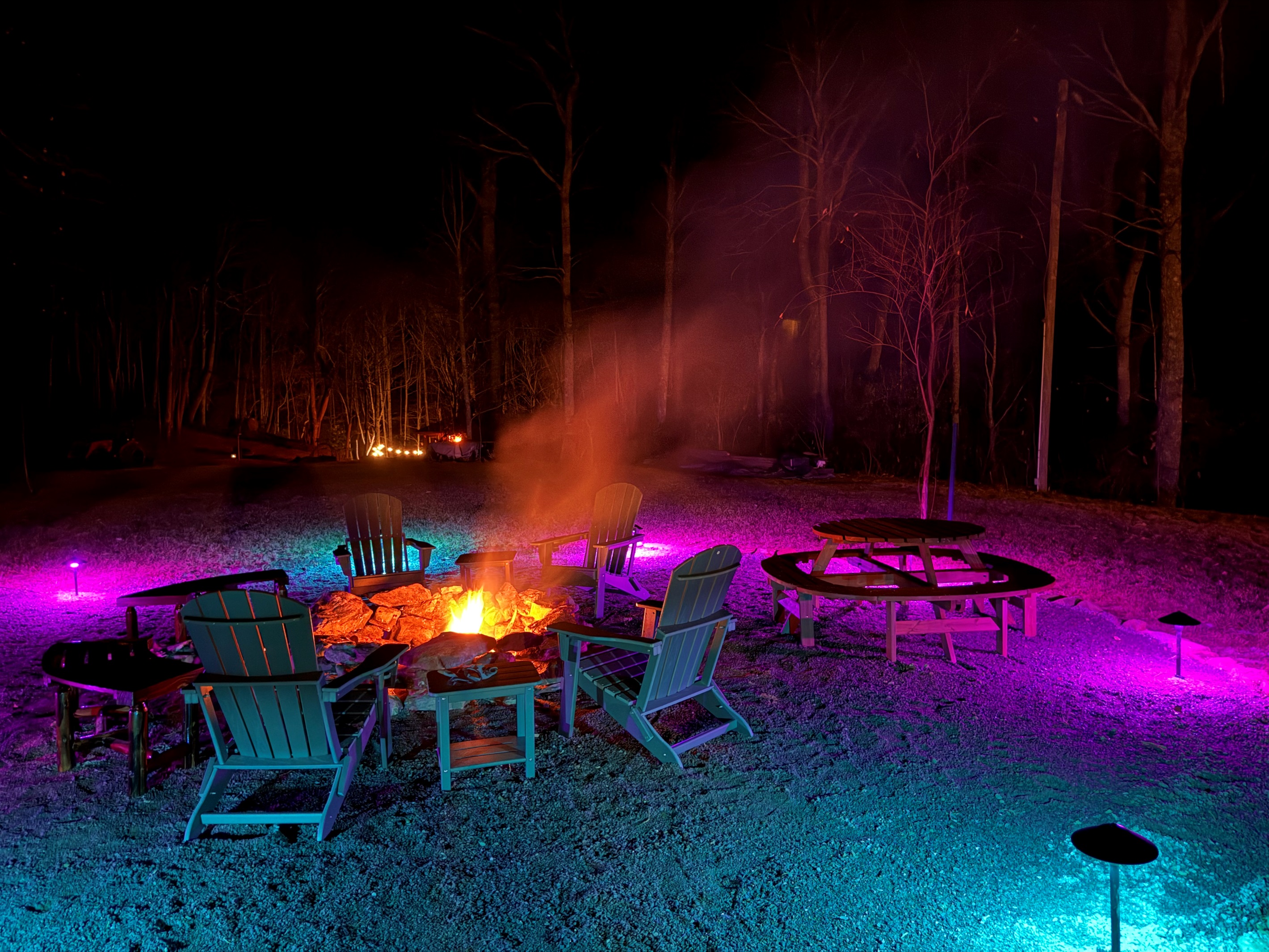 Community firepit with night lighting
