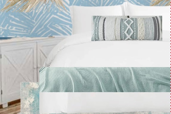 This is the look the master bedroom is getting upgraded to. Blue palmy wallpaper, all new bedding, hanging pendant lights and new rug! Updates will be completed 8/29 checkin.