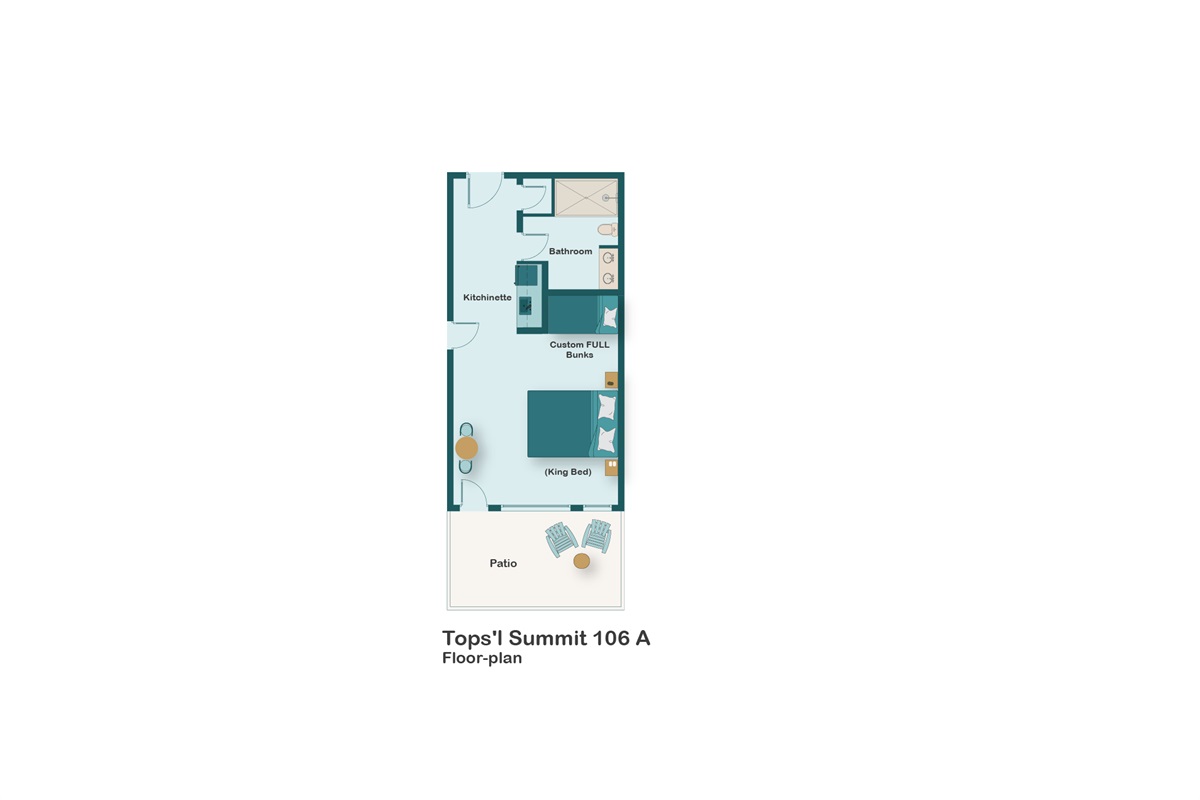 Floorplan for Tops'L Summit 106A! This Fully-Remodeled Studio Condo is Professionally Designed, near Resort's Private Beach, comes fully-stocked with access to a heated pool and hot tub!