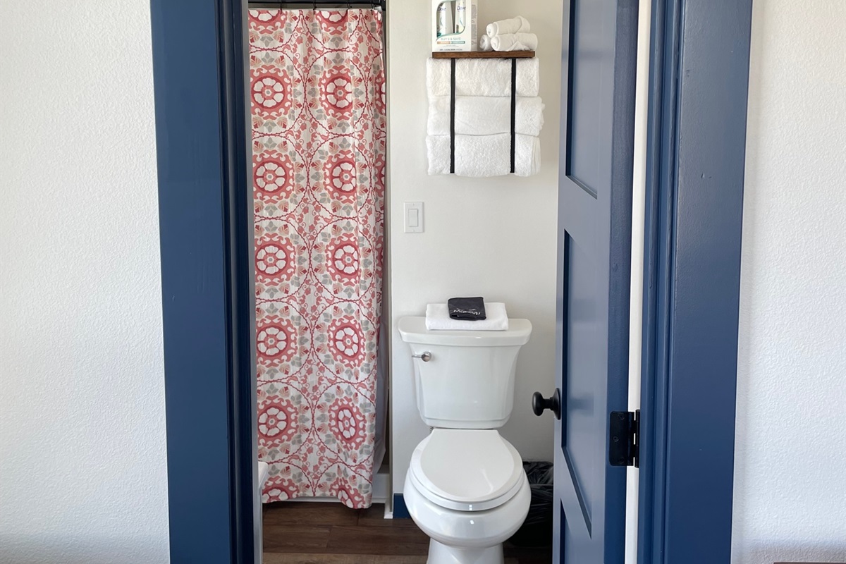 Personal bathroom with sink, toilet and shower.