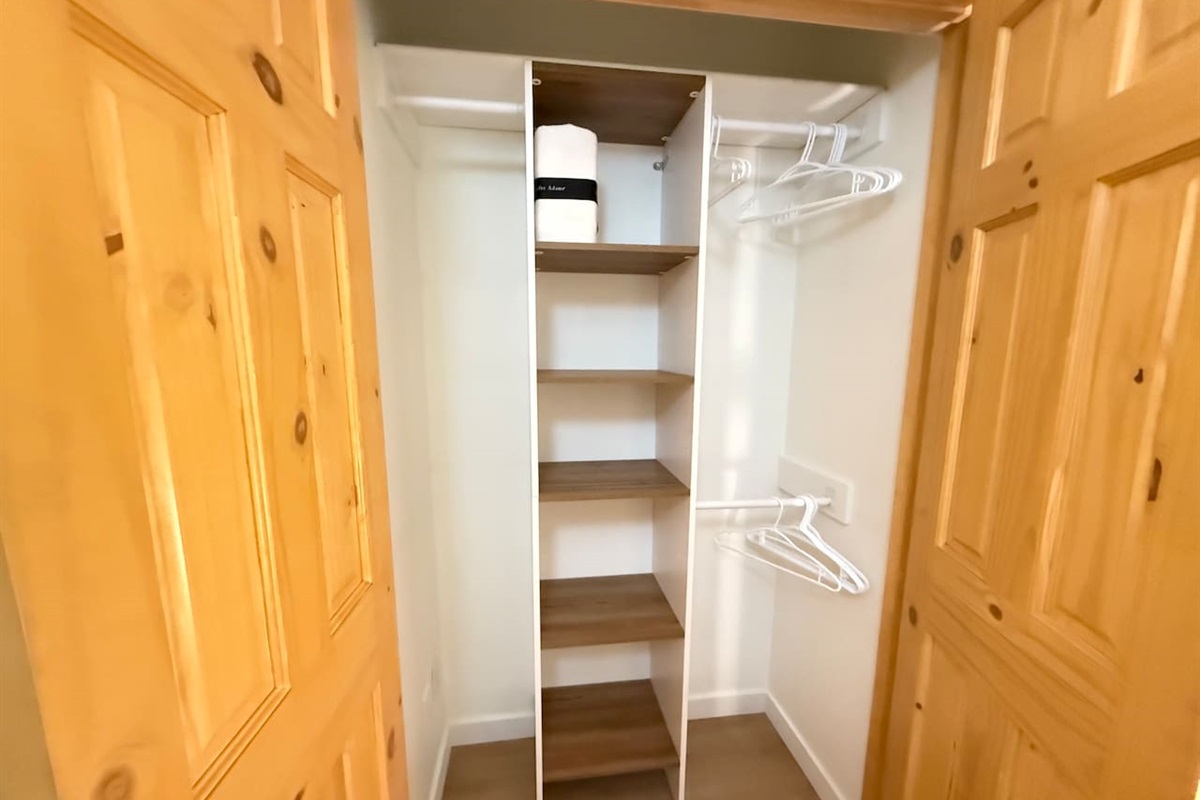 Ample Storage: Full size closet in provides generous hanging and shelf storage solutions for all your ski gear and personal belongings.