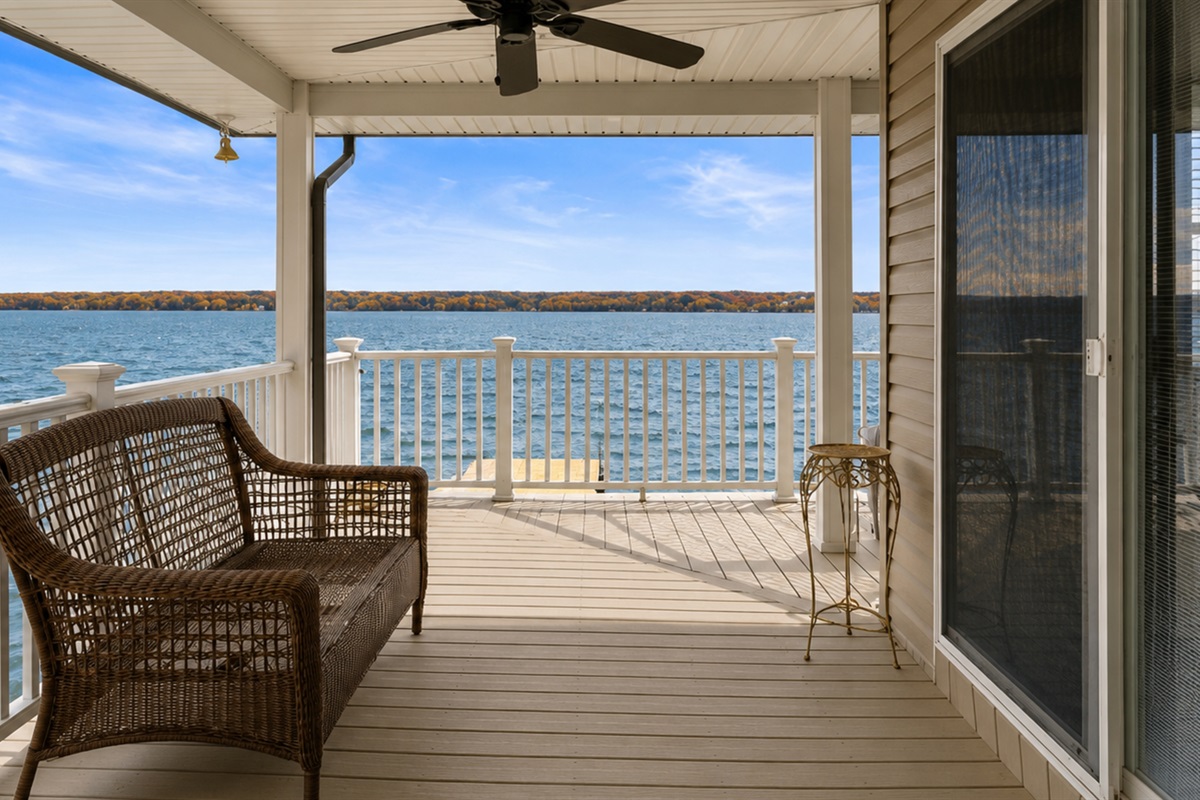 Seating on the deck overlooking the lake