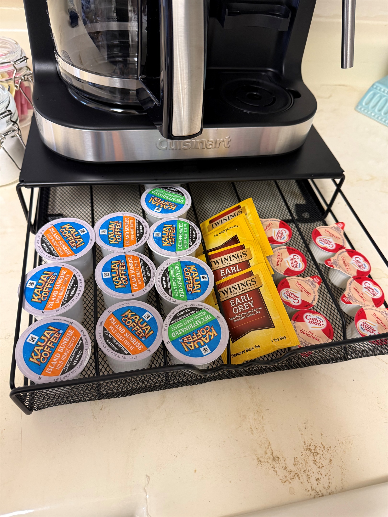 Initial supply of coffee, tea, creamer and sweeteners