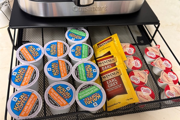 Initial supply of coffee, tea, creamer and sweeteners